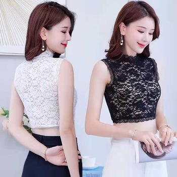 Дамски топ с полувисока имитационна яка, дантелени изрези, външен вид като вътрешна Т‑шърт, стил Япония/Корея