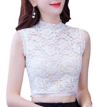 Дамски топ с полувисока имитационна яка, дантелени изрези, външен вид като вътрешна Т‑шърт, стил Япония/Корея