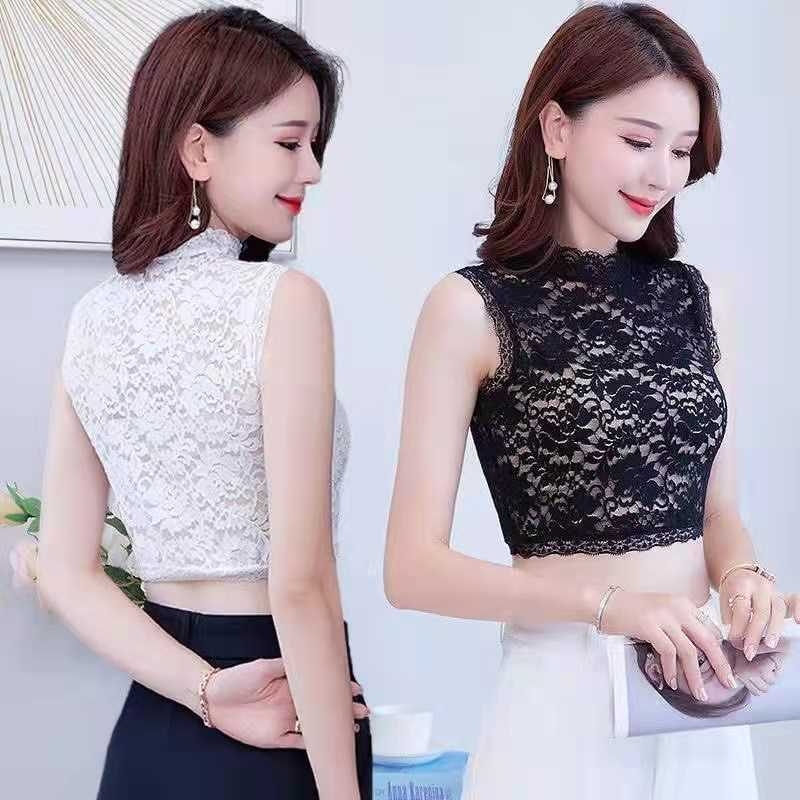 Дамски топ с полувисока имитационна яка, дантелени изрези, външен вид като вътрешна Т‑шърт, стил Япония/Корея