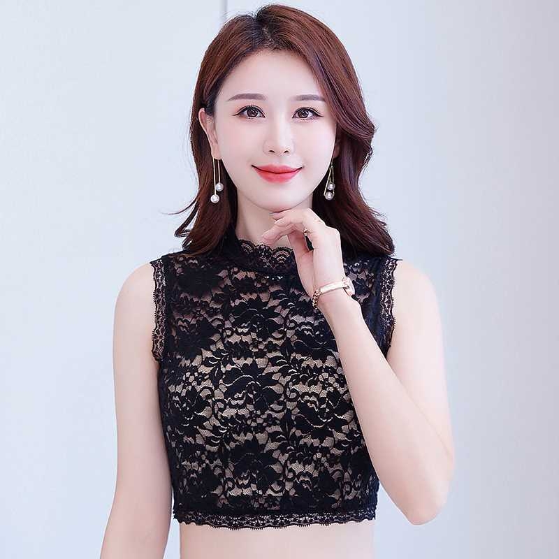 Дамски топ с полувисока имитационна яка, дантелени изрези, външен вид като вътрешна Т‑шърт, стил Япония/Корея