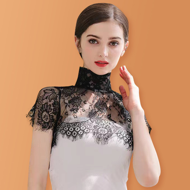 Дамски топ с полувисока имитационна яка, дантелени изрези, външен вид като вътрешна Т‑шърт, стил Япония/Корея