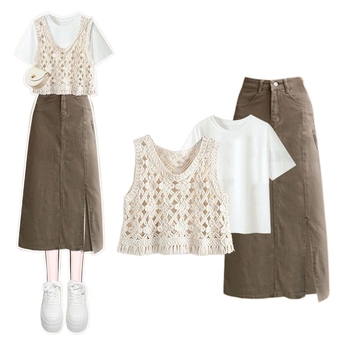 Naiste suvekostüüm pikk seelik, plazdavad varrukad, polüesterkangas, linnatööriietus