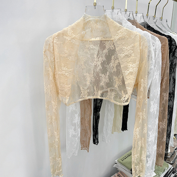 Дантелено мрежесто кардиган за лято, дълги ръкави, стояща яка, за носене върху рокля