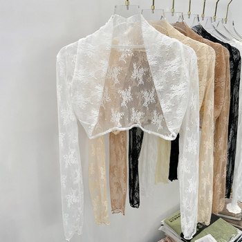 Дантелено мрежесто кардиган за лято, дълги ръкави, стояща яка, за носене върху рокля