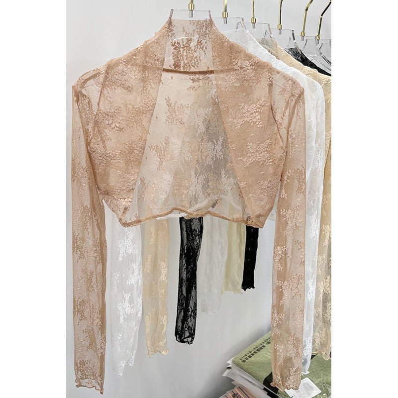 Mežģīņu tīkla kardigans vasarai ar garām piedurknēm un stāvošu apkakli, nēsāšanai virs kleitas