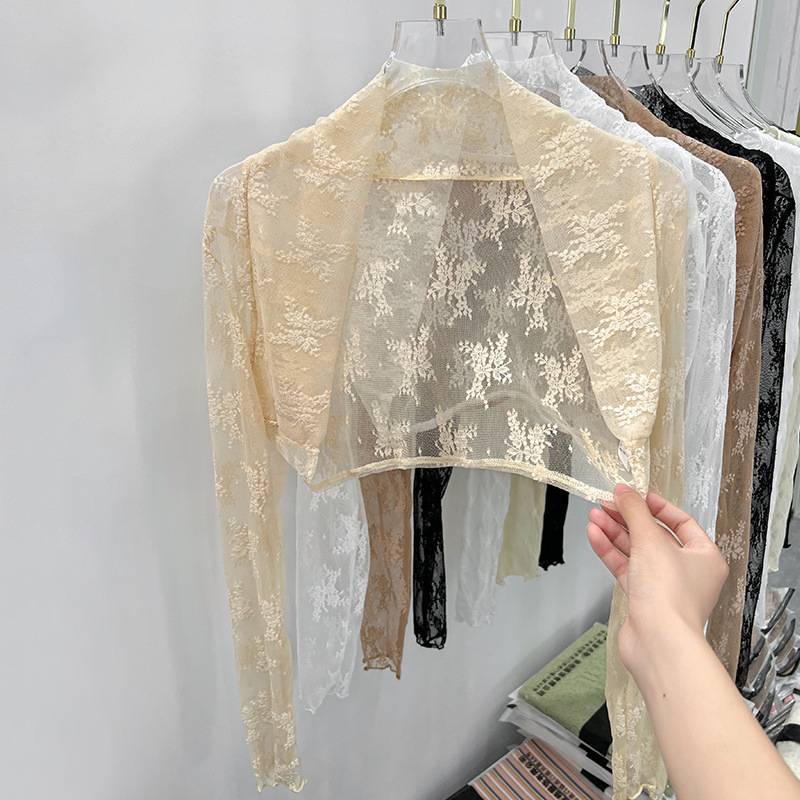 Дантелено мрежесто кардиган за лято, дълги ръкави, стояща яка, за носене върху рокля