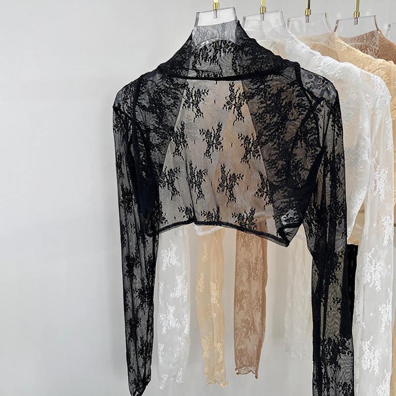 Дантелено мрежесто кардиган за лято, дълги ръкави, стояща яка, за носене върху рокля