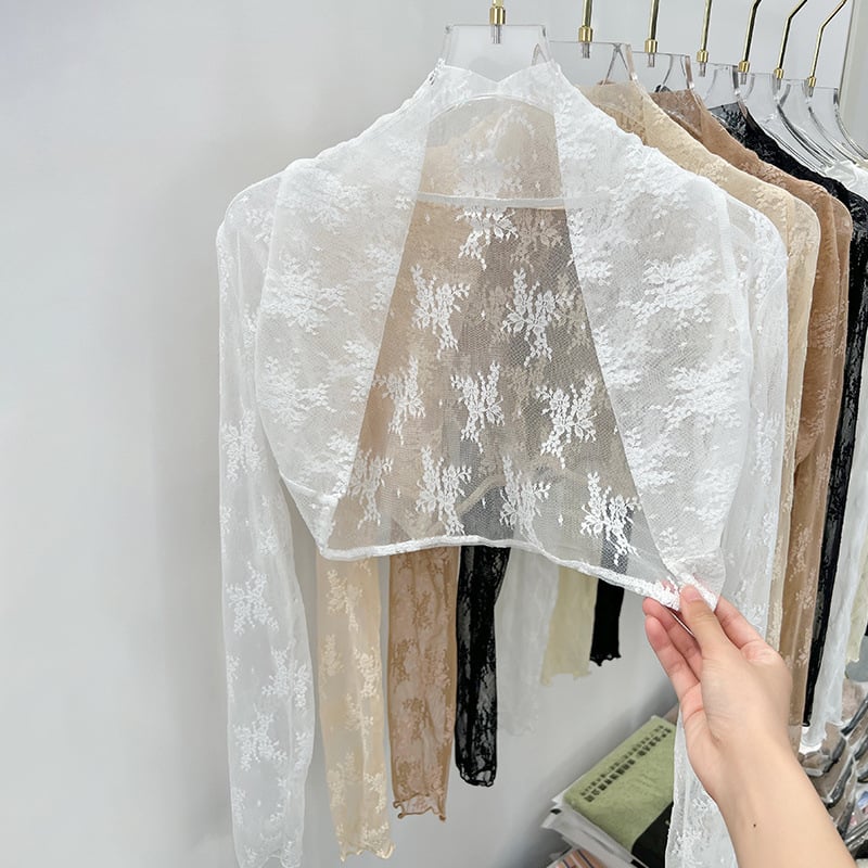 Дантелено мрежесто кардиган за лято, дълги ръкави, стояща яка, за носене върху рокля