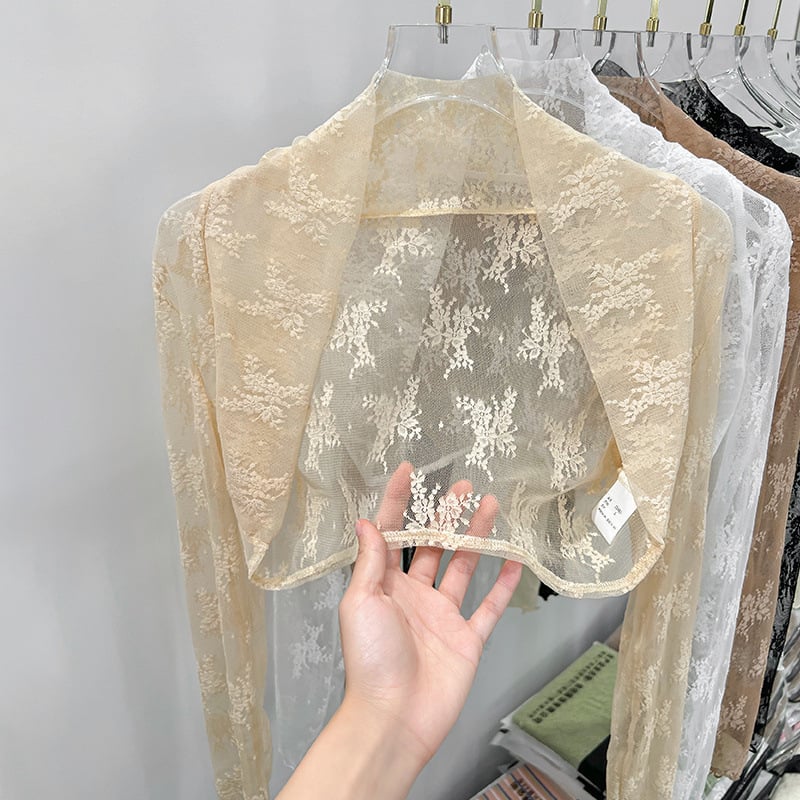 Дантелено мрежесто кардиган за лято, дълги ръкави, стояща яка, за носене върху рокля