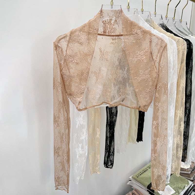 Дантелено мрежесто кардиган за лято, дълги ръкави, стояща яка, за носене върху рокля