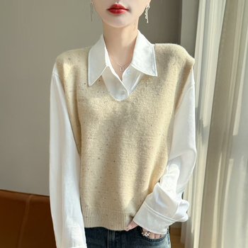 Ženski pleteni prsluk s V izrezom, slobodan kroj, bez rukava, proljeće 2025, tkanina Dot Yarn s poliesterskom miješavinom