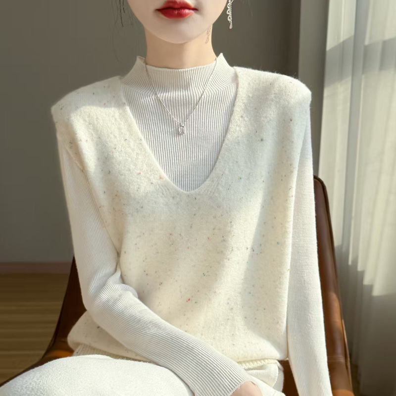 Ženski pleteni prsluk s V izrezom, slobodan kroj, bez rukava, proljeće 2025, tkanina Dot Yarn s poliesterskom miješavinom