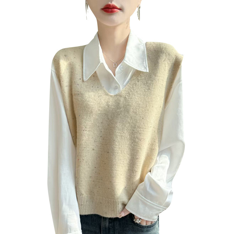 Ženski pleteni prsluk s V izrezom, slobodan kroj, bez rukava, proljeće 2025, tkanina Dot Yarn s poliesterskom miješavinom