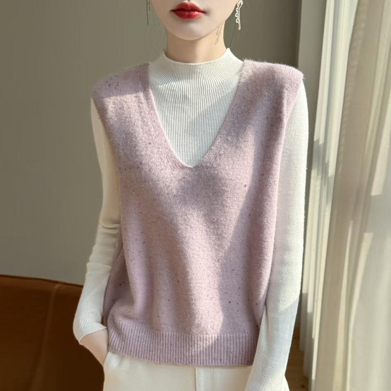 Ženski pleteni prsluk s V izrezom, slobodan kroj, bez rukava, proljeće 2025, tkanina Dot Yarn s poliesterskom miješavinom