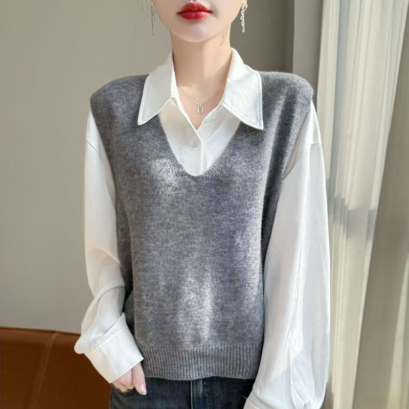 Ženski pleteni prsluk s V izrezom, slobodan kroj, bez rukava, proljeće 2025, tkanina Dot Yarn s poliesterskom miješavinom