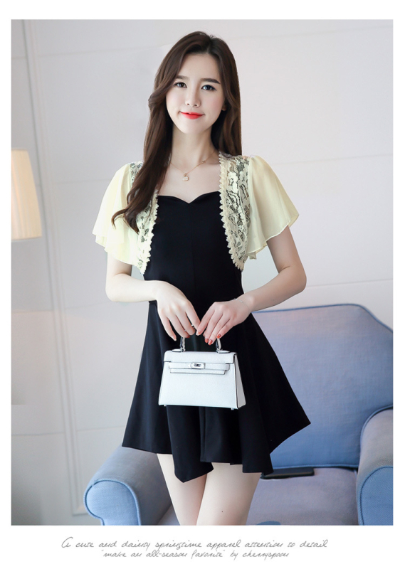 Дантелена жилетка комплект за жени: къс шифонов топ със шал и пола; шифон, полиестер 70–80%, принт, стил жилетка, ръкав 3/4