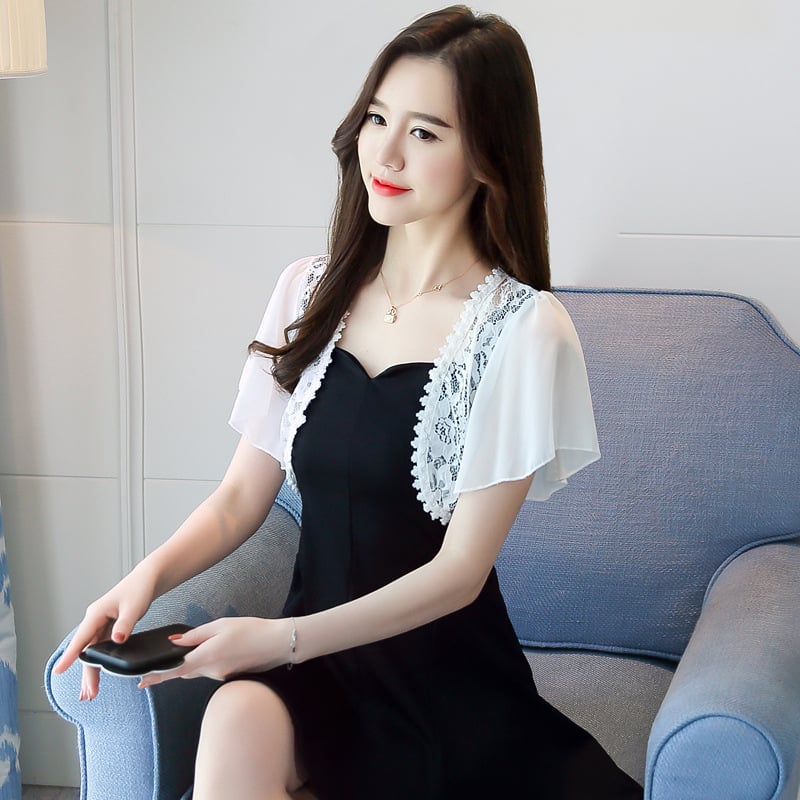 Дантелена жилетка комплект за жени: къс шифонов топ със шал и пола; шифон, полиестер 70–80%, принт, стил жилетка, ръкав 3/4