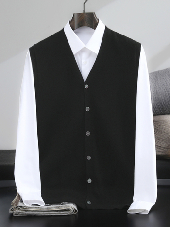 Férfiaknak készült vastag gyapjú V-nyakú, ujjatlan mellény – 100% gyapjú