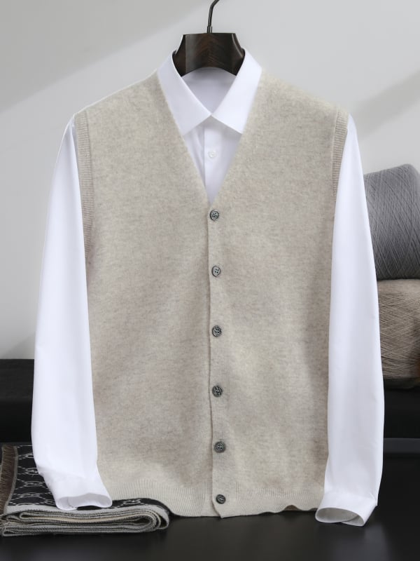 Férfiaknak készült vastag gyapjú V-nyakú, ujjatlan mellény – 100% gyapjú