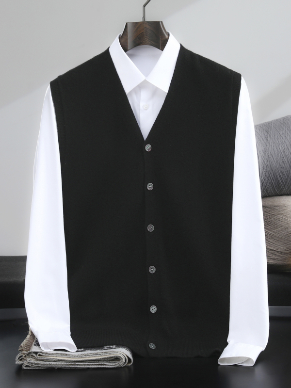 Férfiaknak készült vastag gyapjú V-nyakú, ujjatlan mellény – 100% gyapjú
