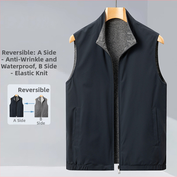 Divpusēja vīriešu veste biznesam un brīvajam laikam, ar stāvošu apkakli un rāvējslēdzēju, neilona ārējais audums ar poliesteres iekšpusi, sānu kabatas, pavasaris–rudens