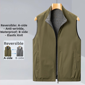 Divpusēja vīriešu veste biznesam un brīvajam laikam, ar stāvošu apkakli un rāvējslēdzēju, neilona ārējais audums ar poliesteres iekšpusi, sānu kabatas, pavasaris–rudens