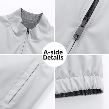 Divpusēja vīriešu veste biznesam un brīvajam laikam, ar stāvošu apkakli un rāvējslēdzēju, neilona ārējais audums ar poliesteres iekšpusi, sānu kabatas, pavasaris–rudens