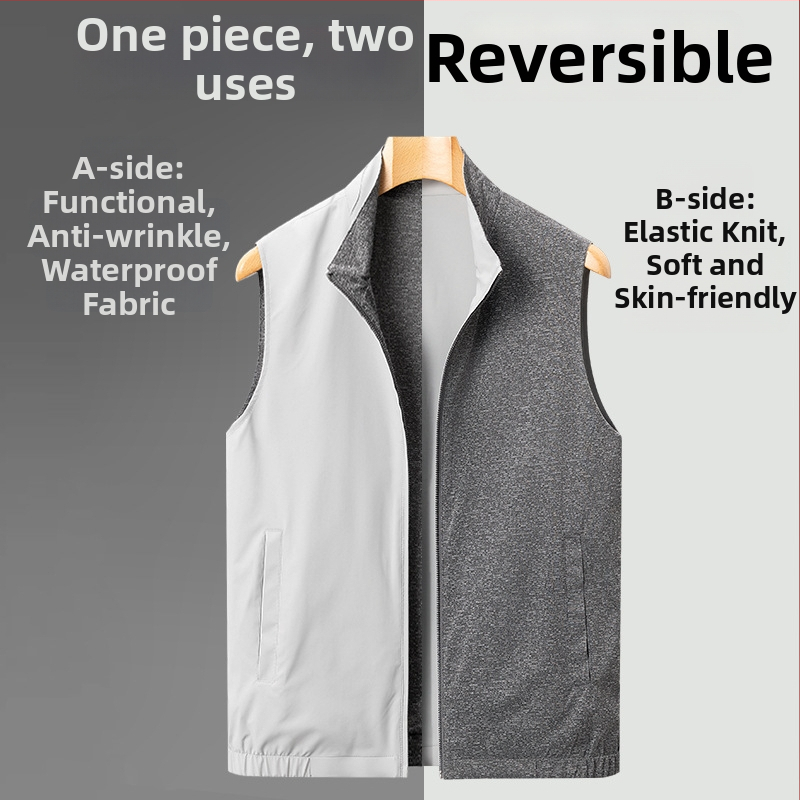 Divpusēja vīriešu veste biznesam un brīvajam laikam, ar stāvošu apkakli un rāvējslēdzēju, neilona ārējais audums ar poliesteres iekšpusi, sānu kabatas, pavasaris–rudens