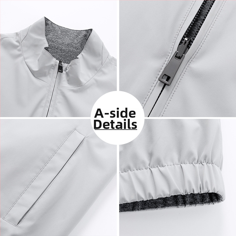 Divpusēja vīriešu veste biznesam un brīvajam laikam, ar stāvošu apkakli un rāvējslēdzēju, neilona ārējais audums ar poliesteres iekšpusi, sānu kabatas, pavasaris–rudens