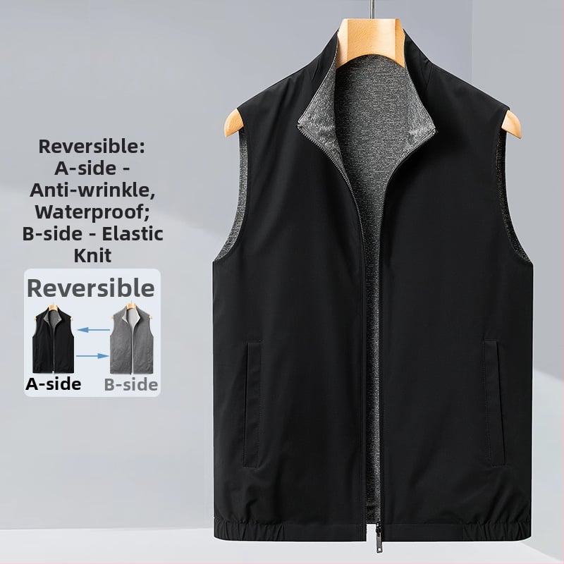 Divpusēja vīriešu veste biznesam un brīvajam laikam, ar stāvošu apkakli un rāvējslēdzēju, neilona ārējais audums ar poliesteres iekšpusi, sānu kabatas, pavasaris–rudens