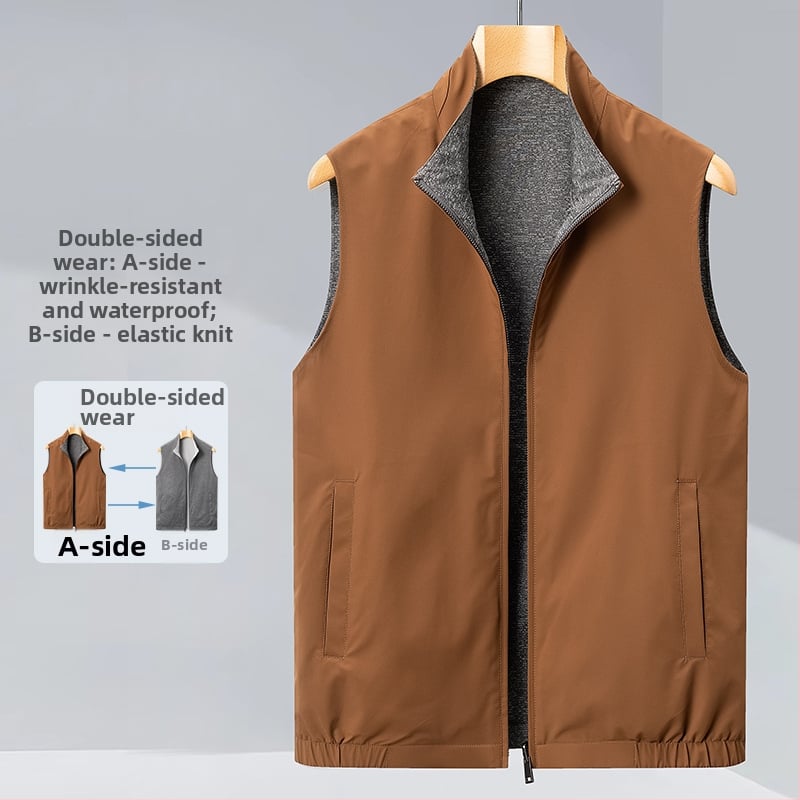 Divpusēja vīriešu veste biznesam un brīvajam laikam, ar stāvošu apkakli un rāvējslēdzēju, neilona ārējais audums ar poliesteres iekšpusi, sānu kabatas, pavasaris–rudens