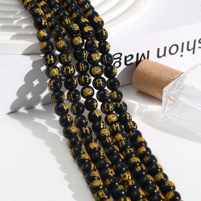 Prirodne kristalne perle s graviranim zlatnim pečatom – Pet bogova bogatstva, poluproizvodi staklenih kuglica i lazurit