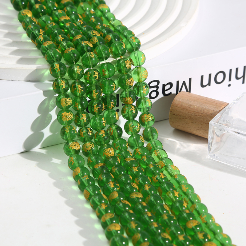 Prirodne kristalne perle s graviranim zlatnim pečatom – Pet bogova bogatstva, poluproizvodi staklenih kuglica i lazurit