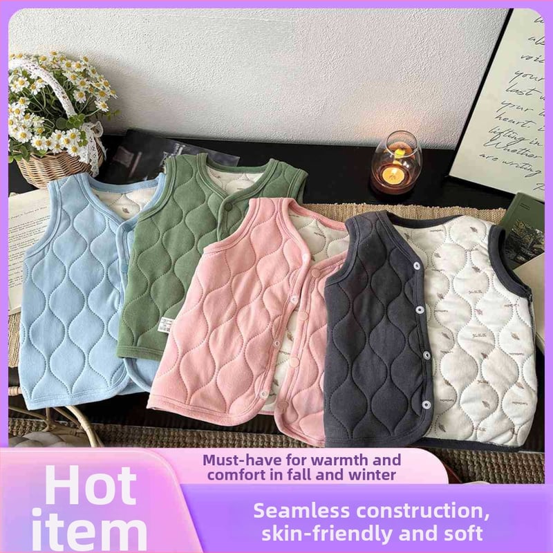 Unisex ziemas bieza veste ar JK stila kardiganu, ārējā daļa no poliestera ar poliestera pildījumu, vienas pogas aizdare, vecums 1–3 gadi