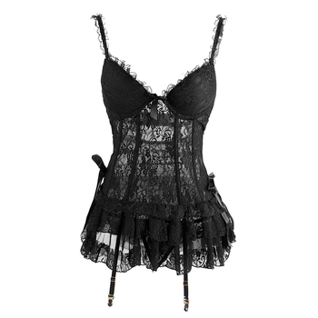 Камизол комплект с подплътени чашки, дантелен прозрачен дизайн и мрежеста тъкан, найлонова материя, униформа за прислужница