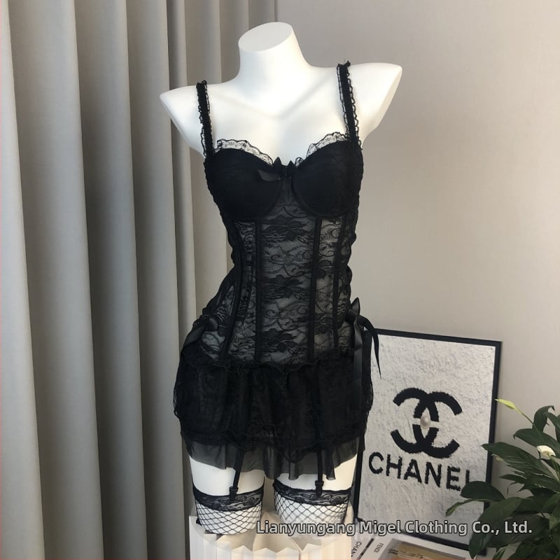 Камизол комплект с подплътени чашки, дантелен прозрачен дизайн и мрежеста тъкан, найлонова материя, униформа за прислужница