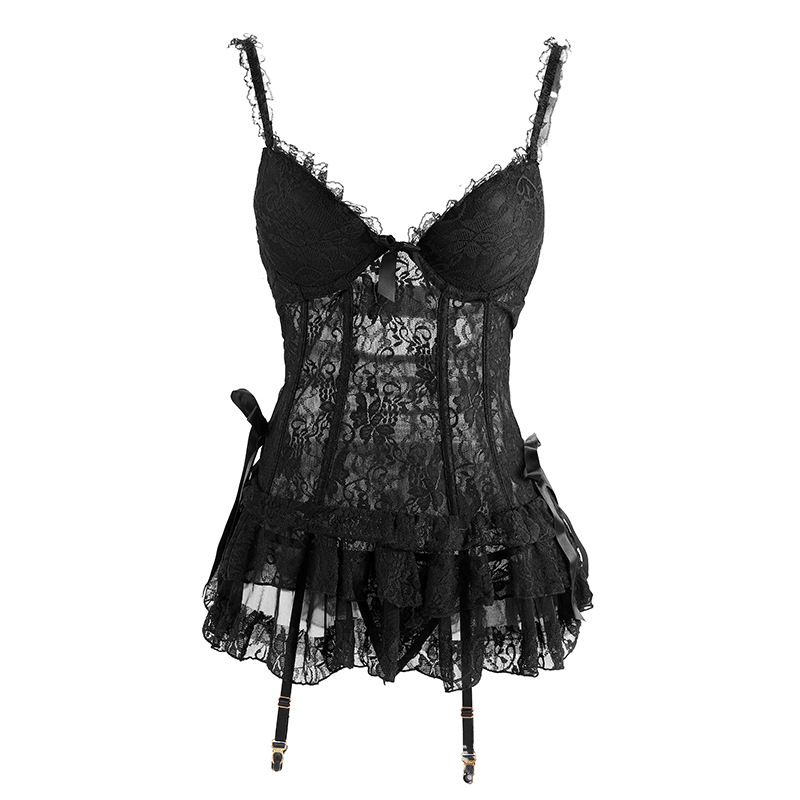 Камизол комплект с подплътени чашки, дантелен прозрачен дизайн и мрежеста тъкан, найлонова материя, униформа за прислужница