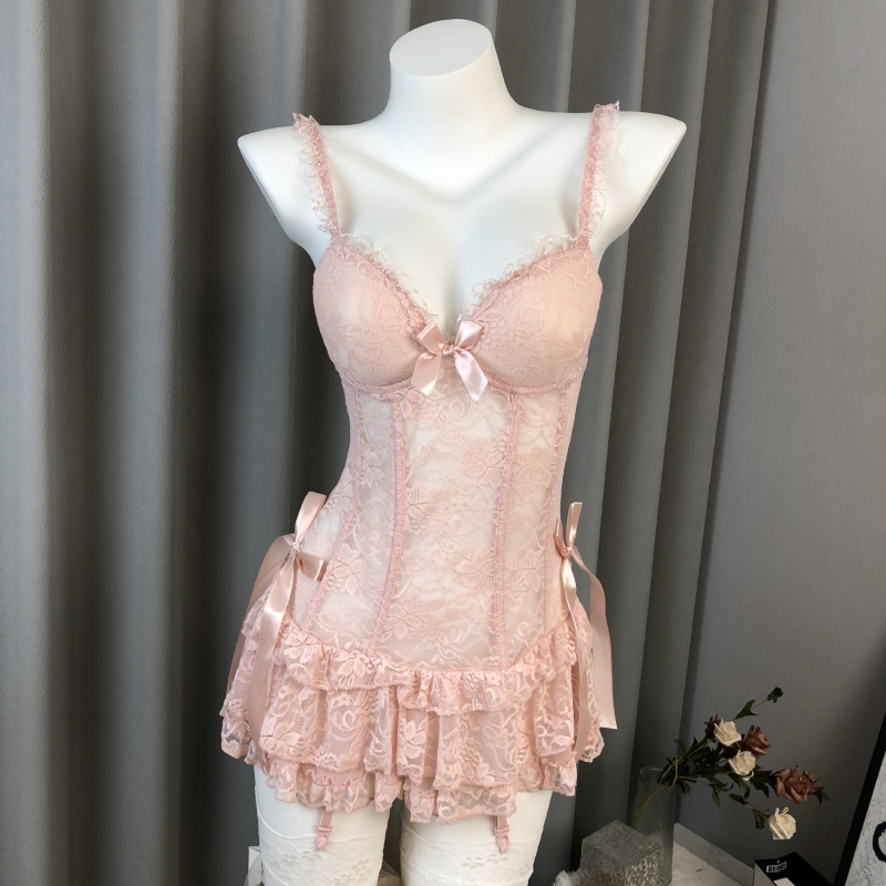 Камизол комплект с подплътени чашки, дантелен прозрачен дизайн и мрежеста тъкан, найлонова материя, униформа за прислужница
