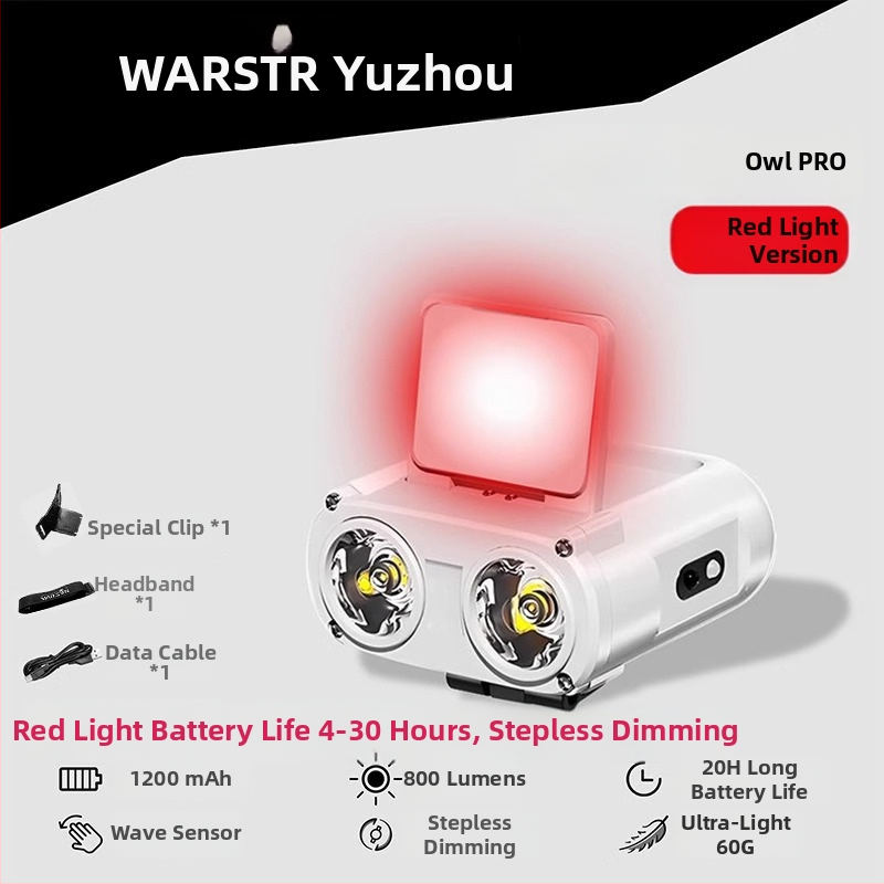 Owl Pro senzorna čelna svjetiljka — punjiva, za ribolov, klip na šešir, 1500mAh polymer Li baterija, 59 g, vodootporna, crveni LED za noćni ribolov