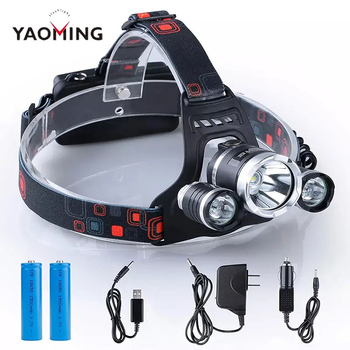 LED челник с три глави, 10W, батерии 2x18650, ABS пластмасов корпус, обхват 100–200 м