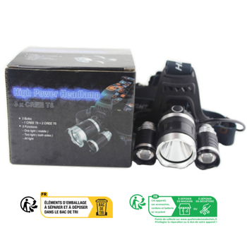 LED челник с три глави, 10W, батерии 2x18650, ABS пластмасов корпус, обхват 100–200 м