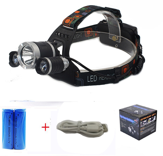 LED челник с три глави, 10W, батерии 2x18650, ABS пластмасов корпус, обхват 100–200 м