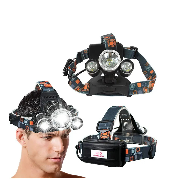 LED челник с три глави, 10W, батерии 2x18650, ABS пластмасов корпус, обхват 100–200 м