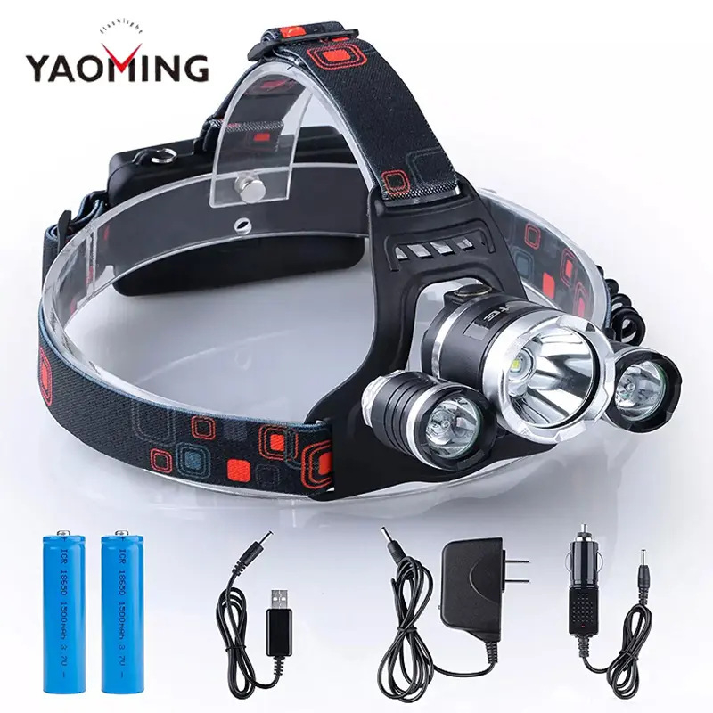 LED челник с три глави, 10W, батерии 2x18650, ABS пластмасов корпус, обхват 100–200 м