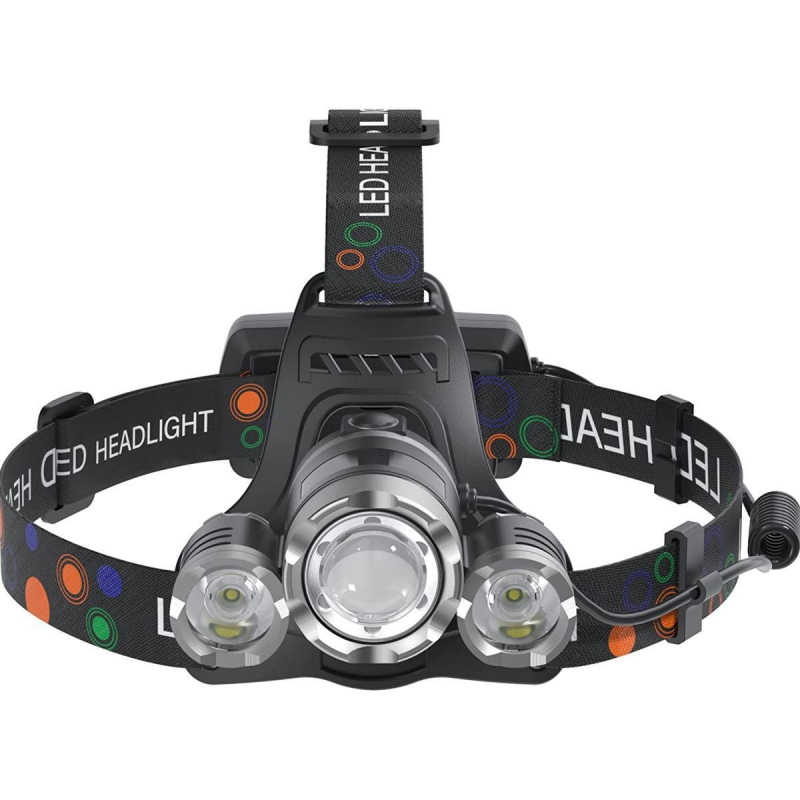 LED челник с три глави, 10W, батерии 2x18650, ABS пластмасов корпус, обхват 100–200 м
