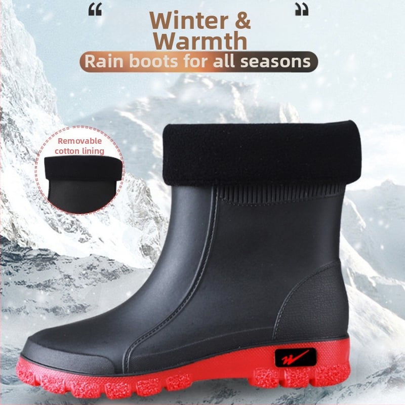 Мъжки PVC водоустойчиви дъждовни ботуши с антихлъзгаща подметка, подплатени с изкуствен пух, нисък вал, ежедневен стил