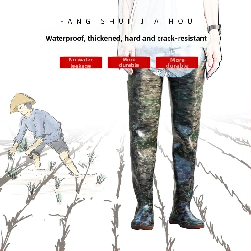 PVC дъждовни ботуши с интегрирани риболовни панталони над коляното, антихлъзгащи, дишащи и износоустойчиви; подметка от пластмаса, инжекционно формована, вътрешна мрежеста подплата