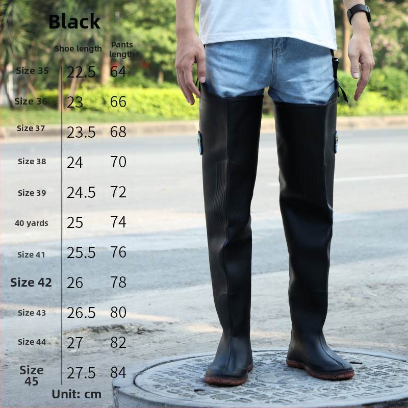 PVC дъждовни ботуши с интегрирани риболовни панталони над коляното, антихлъзгащи, дишащи и износоустойчиви; подметка от пластмаса, инжекционно формована, вътрешна мрежеста подплата
