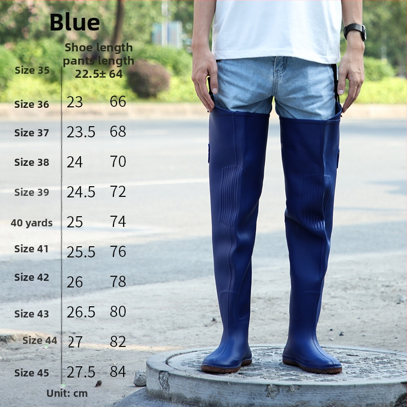 PVC дъждовни ботуши с интегрирани риболовни панталони над коляното, антихлъзгащи, дишащи и износоустойчиви; подметка от пластмаса, инжекционно формована, вътрешна мрежеста подплата