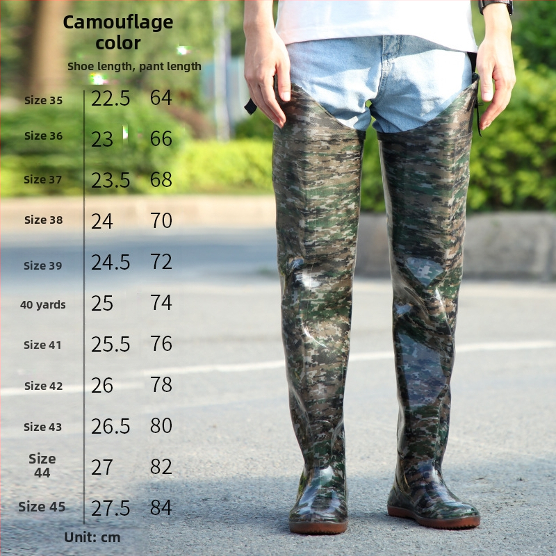 PVC дъждовни ботуши с интегрирани риболовни панталони над коляното, антихлъзгащи, дишащи и износоустойчиви; подметка от пластмаса, инжекционно формована, вътрешна мрежеста подплата